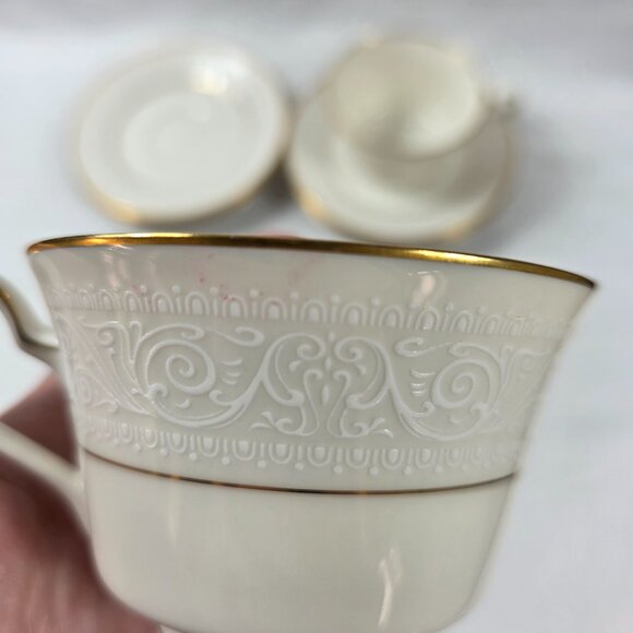 Noritake Tulane Cups & Saucers (2 Cups 4 Saucers) White Scrolls Gold Ring & Rim - Picture 7 of 15